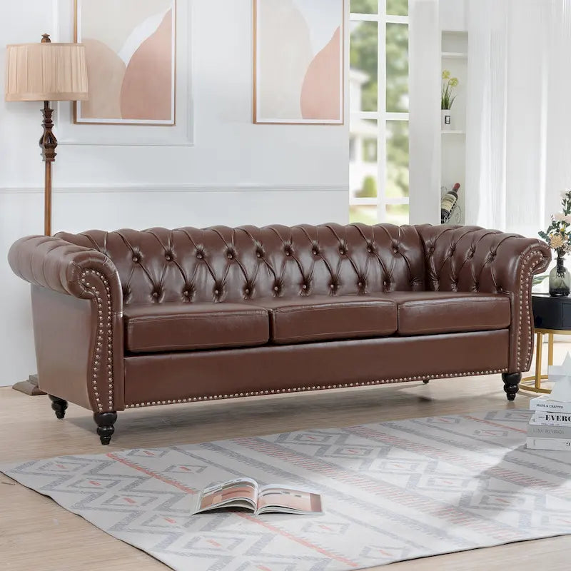 84 Mid-Century Modern 3-Seater Chesterfield Sofa, PU Leather, Birch Legs, 660 lbs