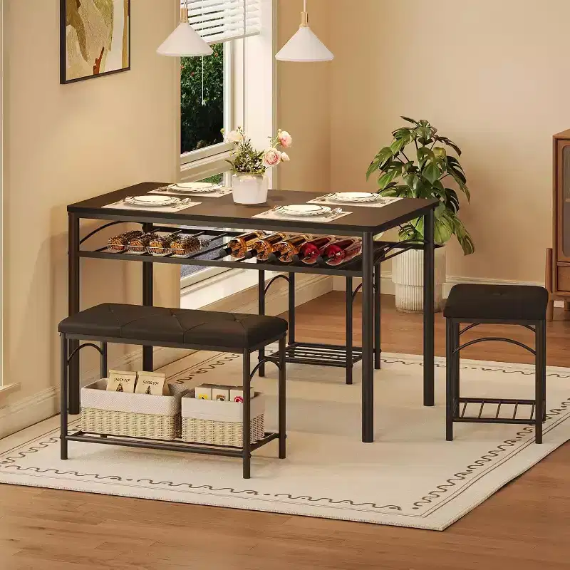 Dining Table Set for 4 with Upholstered Benches and 2 Stools, Modern Space Saving Kitchen Breakfast Table