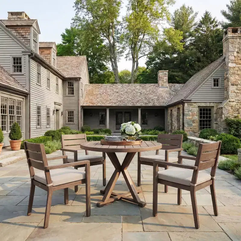 Martha Stewart Bedford 5 Piece Aluminum Patio Set, 4 Stackable Dining Armchairs with Cushions, 36 Round Trestle Base Table, Brushed Woodgrain Finish