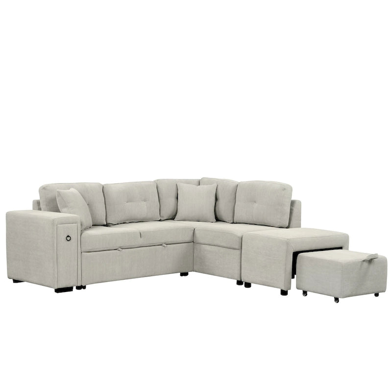 L-Shaped 4-Seat Sectional Sofa with Pull-Out Bed, Ottoman, USB Ports & Drop-Down Table