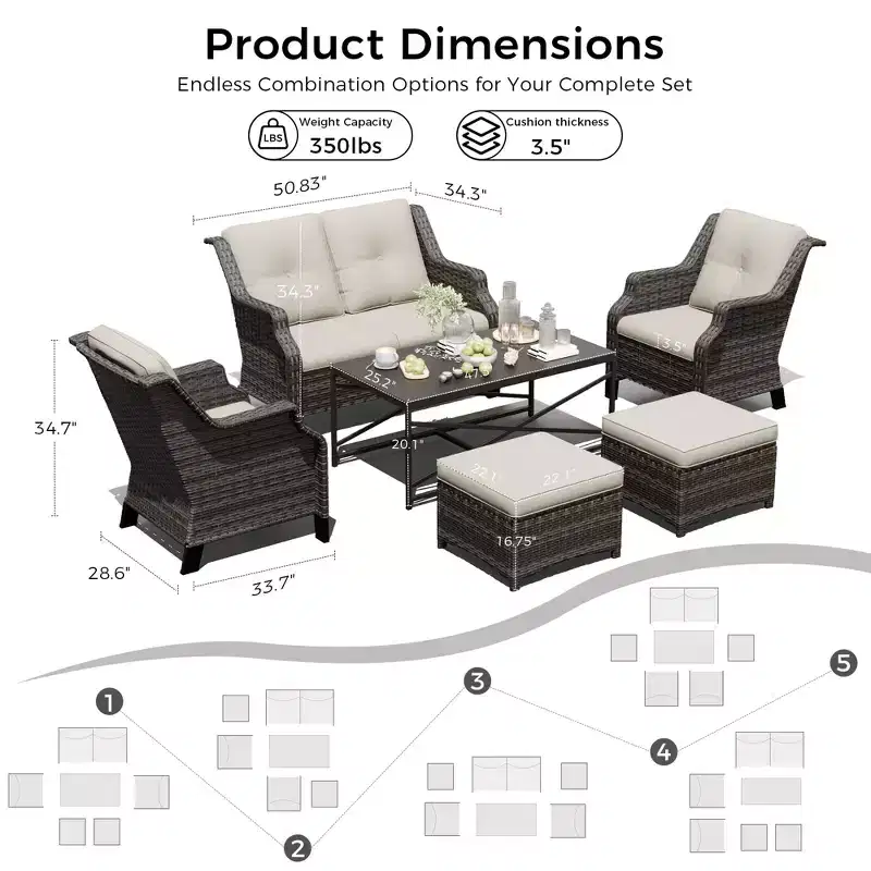 UPTIOT Outdoor Modular Set: 2-Seater Sofa, 2 Rockers, 2 Ottomans & Coffee Table for Versatile Patio