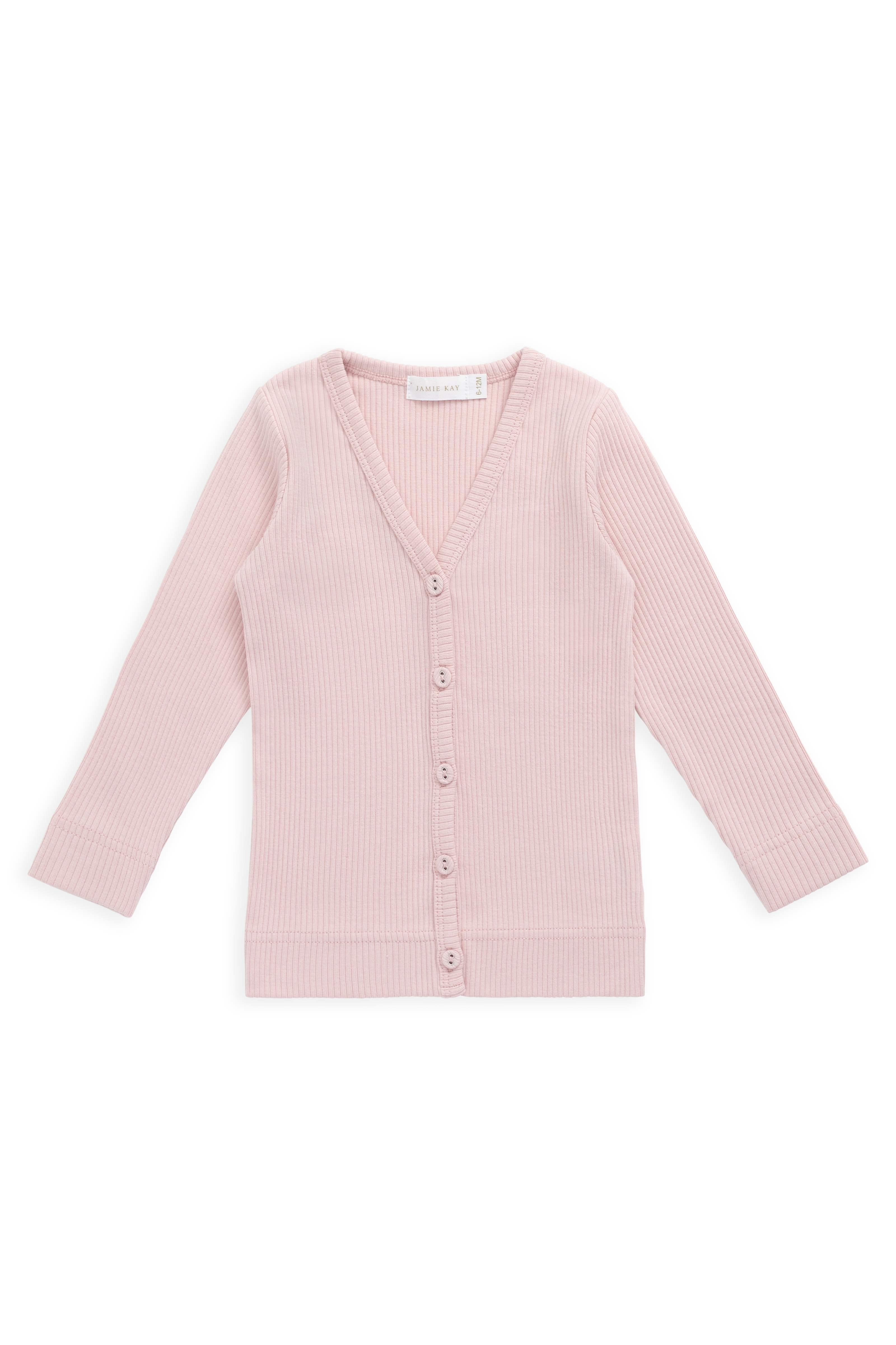 Minimalist Soft Pink Ribbed Organic Cotton-Modal Cardigan with V-Neck & Coconut Button Front for Girls Layering (0�C10Y)