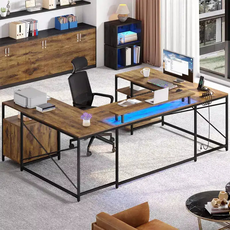 U Shaped Desk With Drawers Corner Computer Desk Office Desk With Monitor Stand & Storage Shelves Brown