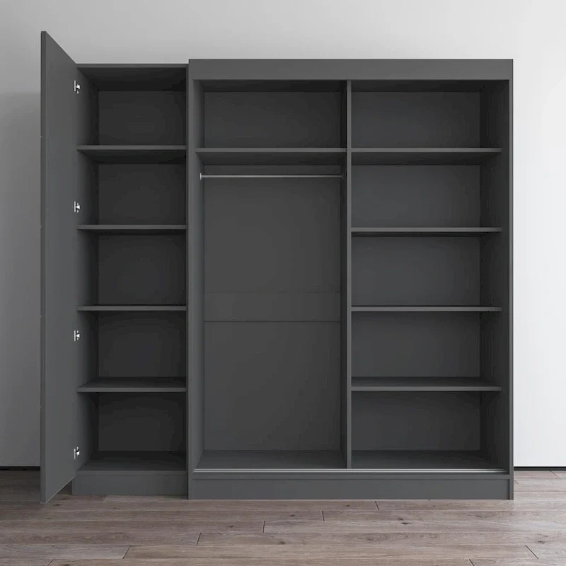 2-Door Wardrobe with Mirror, Glass Front, 2-Person (Gray / Black / White)