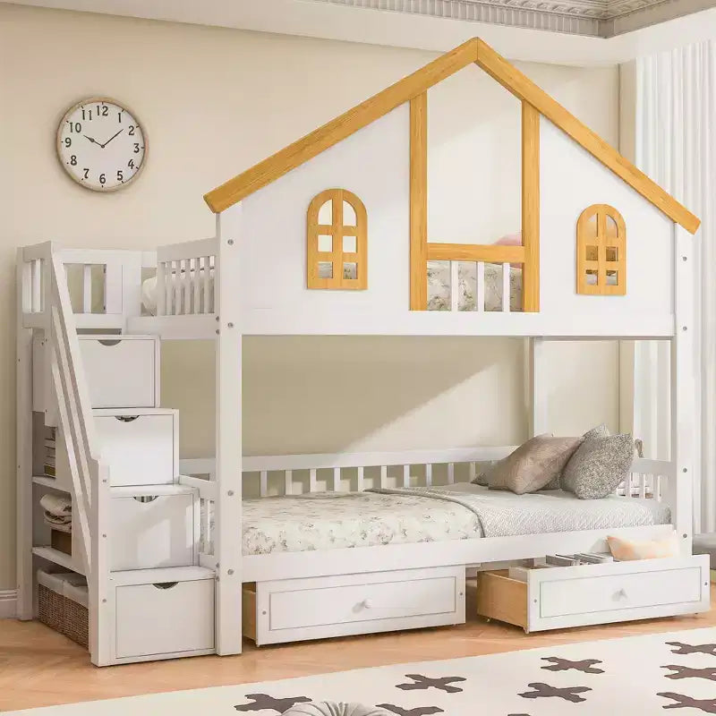 Twin/Full Size Bunk Bed Playful Loft Bed Kids House Bed with Trundle/Storage Drawers & Staircase, Whimsical Window Door & Roof Design - ModernLuxe