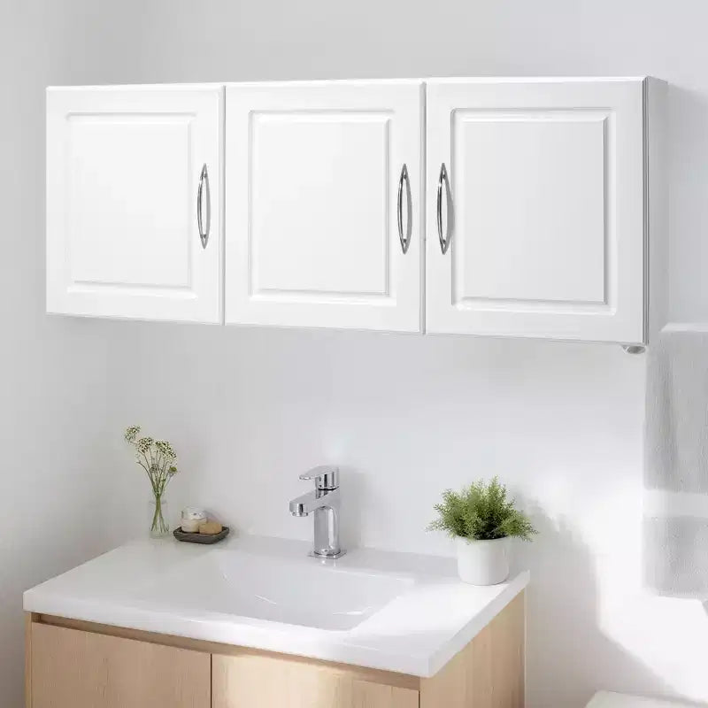 VEVOR Laundry Room Wall Cabinet, 2-Tier Wall Mounted Hanging Cabinet with Adjustable Shelf, Cupboard Storage with 3 Doors, White