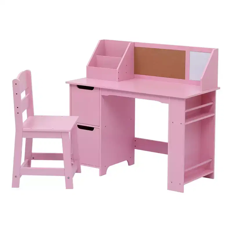 Kids Study Desk and Chair Set, Wooden School Learning Table with Storage, Hutch and Bulletin Board