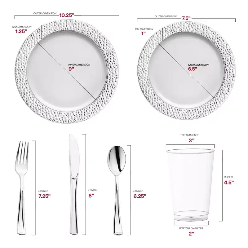 Smarty Had A Party White w/ Silver Hammered Rim Plastic Wedding Set - 30 Sets
