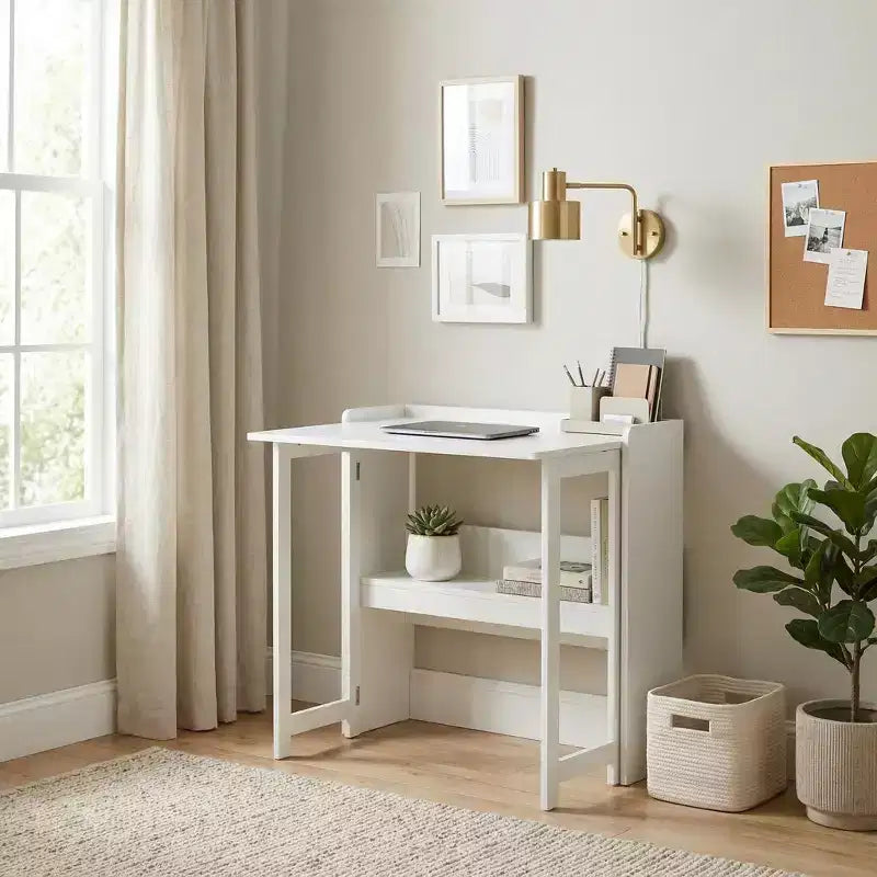 FurnitureR Folding Desk with Storage Shelf, Small Space Drop Leaf Computer Desk with Bookshelf, Writing Desk for Home Office, Bedroom, Apartment