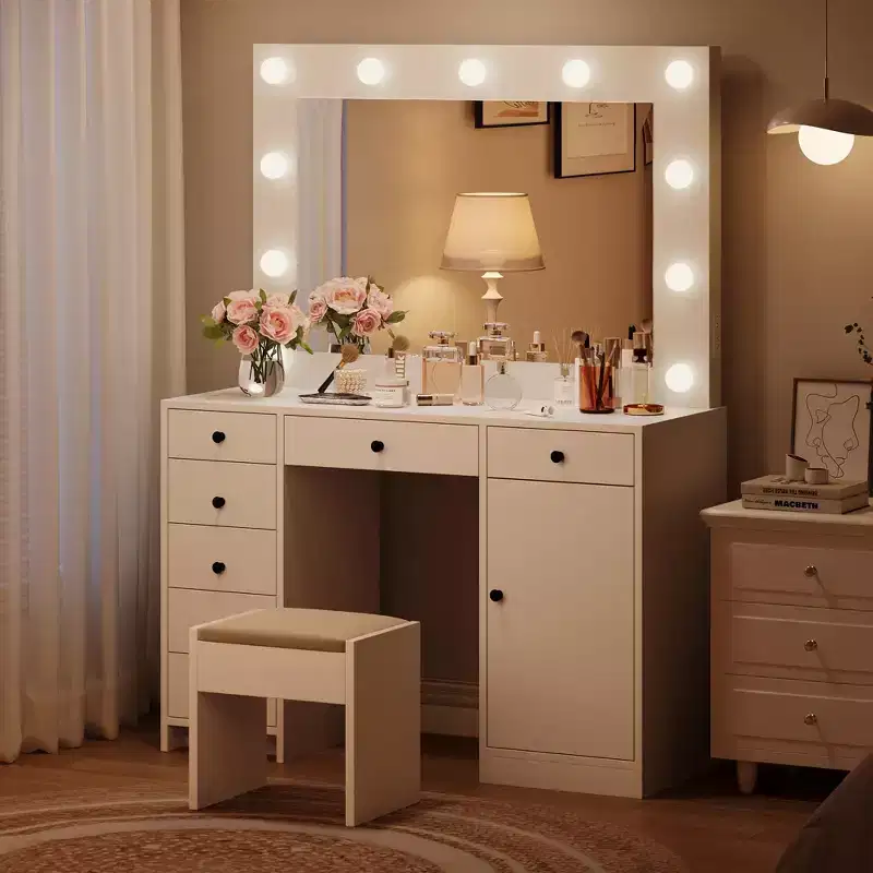 White Vanity Desk with Mirror, Makeup Vanity Table with 7 Drawers, Cabinet & 3-Color LED Lighting, Modern Wooden Dressing Table for Bedroom