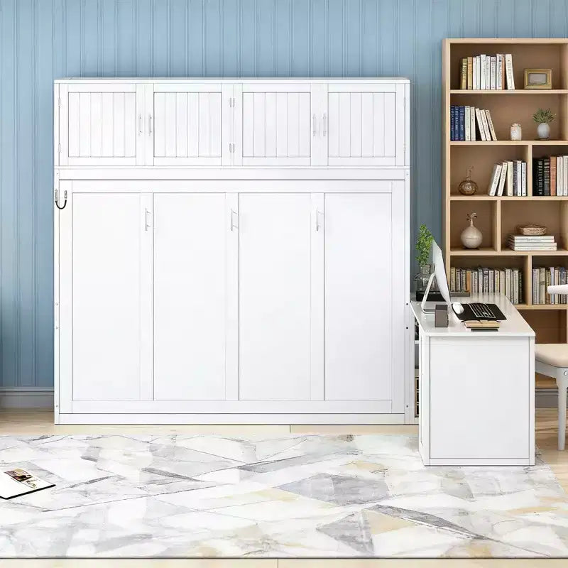 Luxystar Modern Queen Size Wall Murphy Bed with Hydraulic Mechanism, Desk and 2 Storage Cabinets