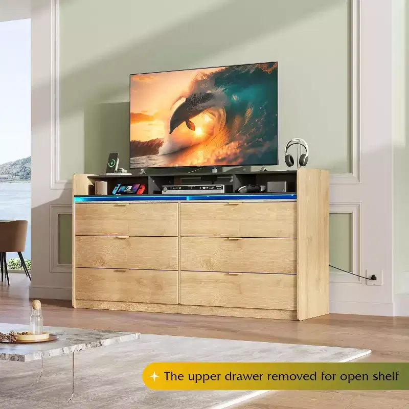 GALAXHERO 58.35 Wide 9-Drawer LED Dresser - with Power Outlets, Open Shelves & 65 TV Stand Compatibility for Bedroom/Living Room/Closet