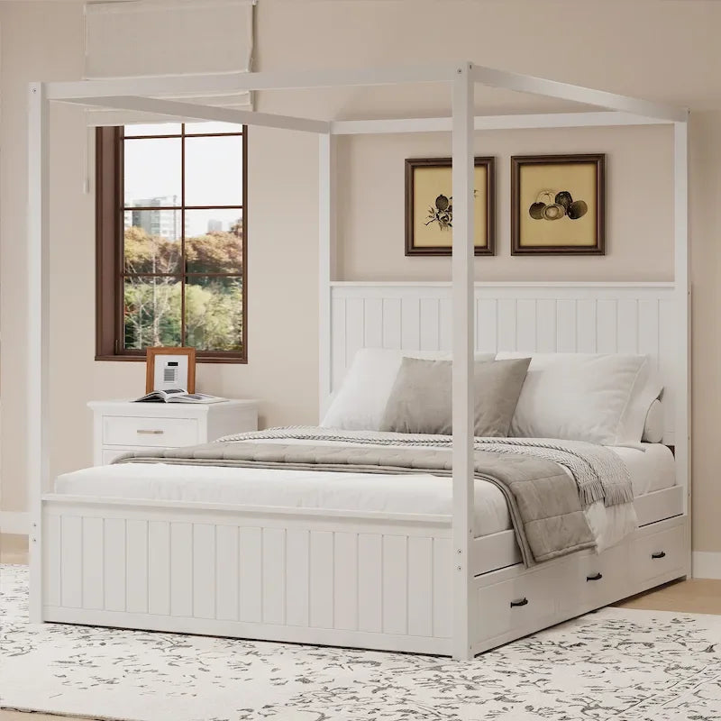 Queen Size Canopy Bed with Trundle and 3 Storage Drawers