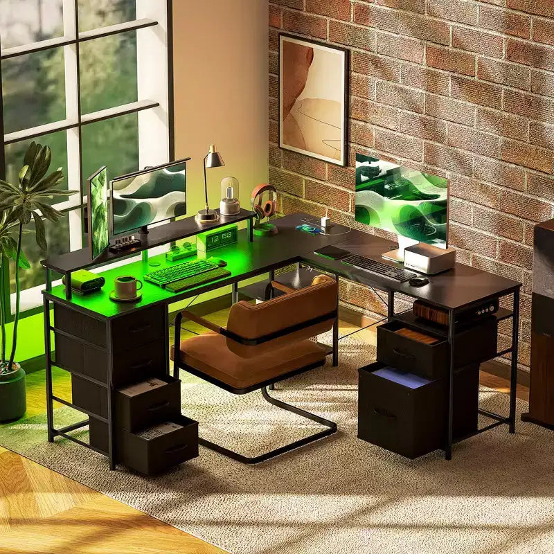 66-Inch Reversible L-Shaped Desk with File Drawer, Power Outlet, LED Light, Monitor Shelf and CPU Stand