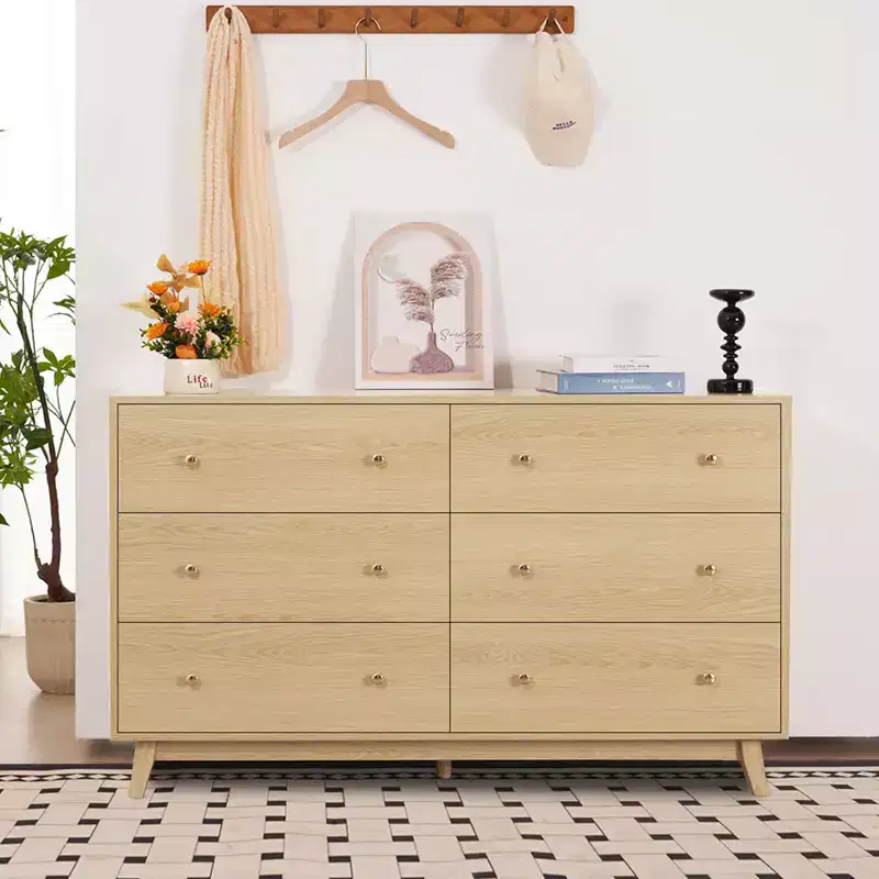 6-Drawer Wooden Dresser Chest with Anti-Tip Device, Modern Minimalist, Light Wood