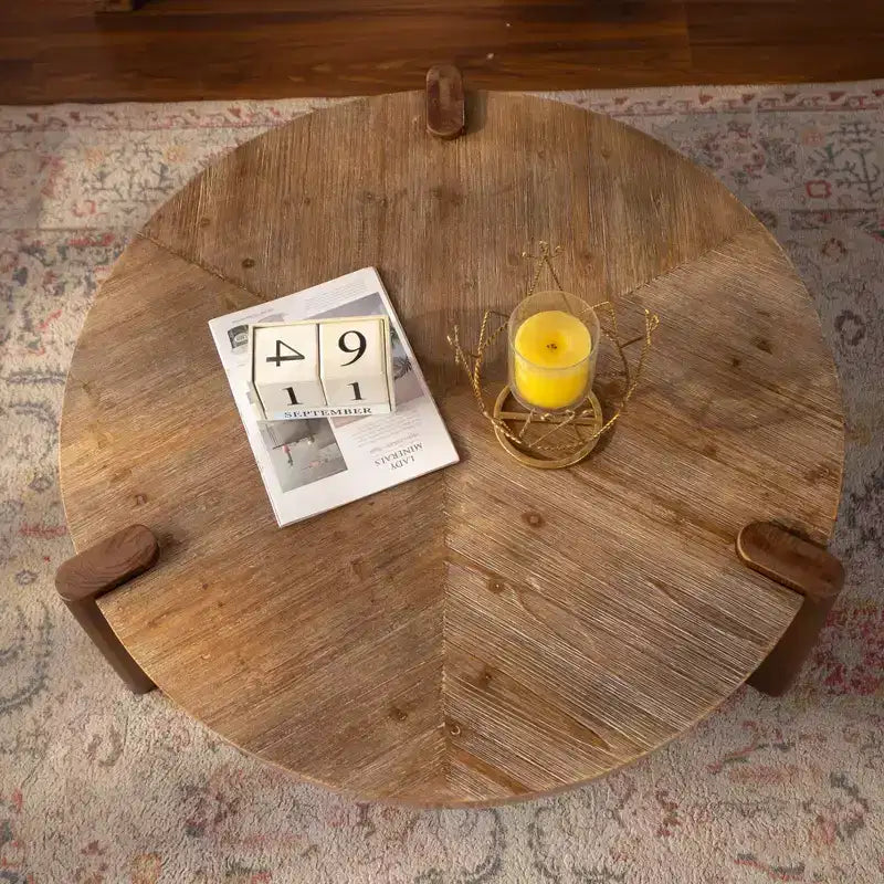 JVNOXK 36.61 Round Herringbone Coffee Table, Solid Wood & MDF Rustic Accent Table with Tapered Legs, Natural Distressed Wood Finish for Living Room