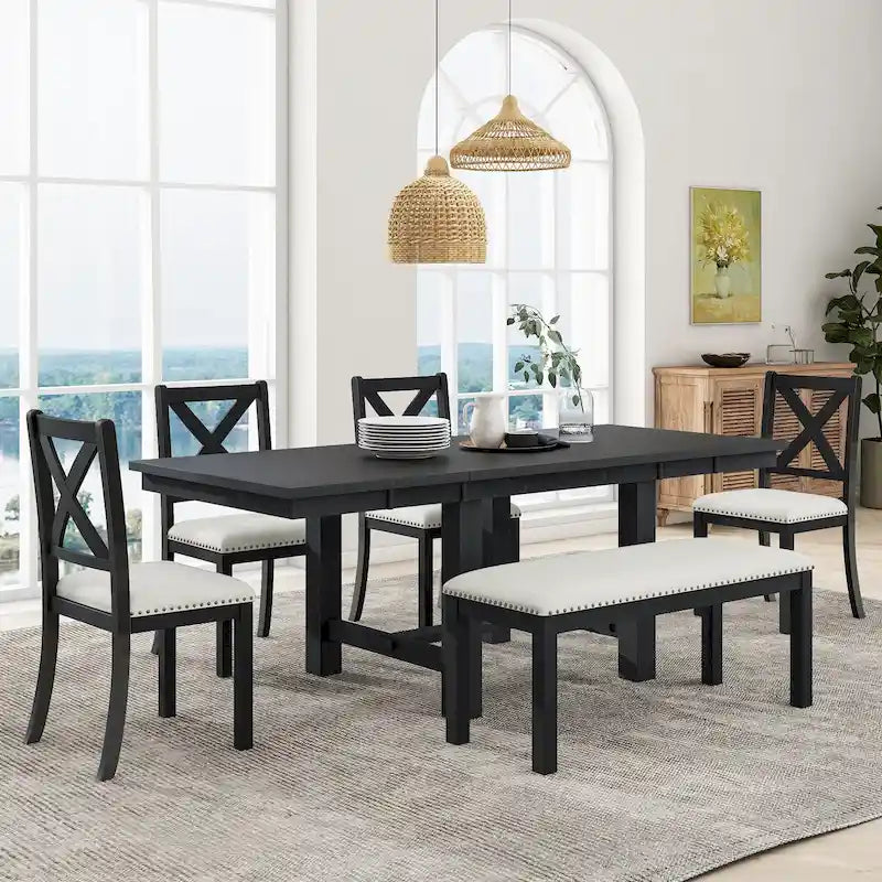 6-Piece Wooden Dining Table Set with Extendable Table & 4 Chairs & Bench