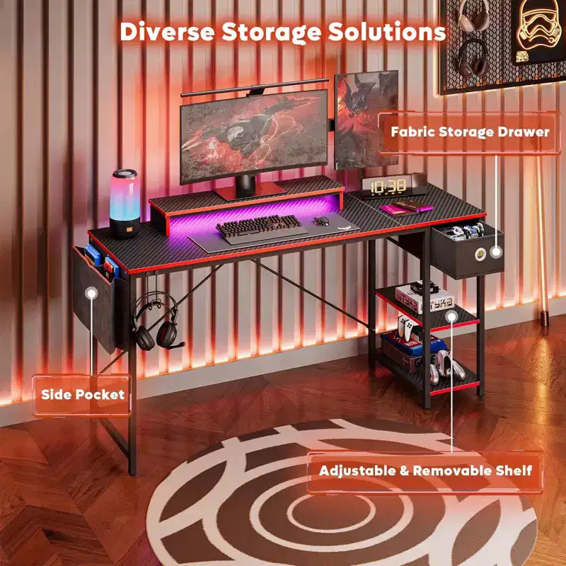 Bestier 61 Inch LED Gaming Desk with Monitor Stand & Shelves, Computer Desk with Drawers & Hooks, PC Gamer Work Station with Side Bags
