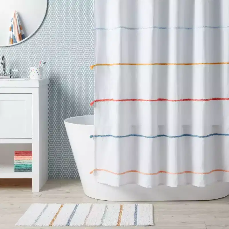 Multi Striped with Tassels Kids' Shower Curtain - Pillowfort™: Kids Bathroom Decor, Twill, OEKO-TEX Certified