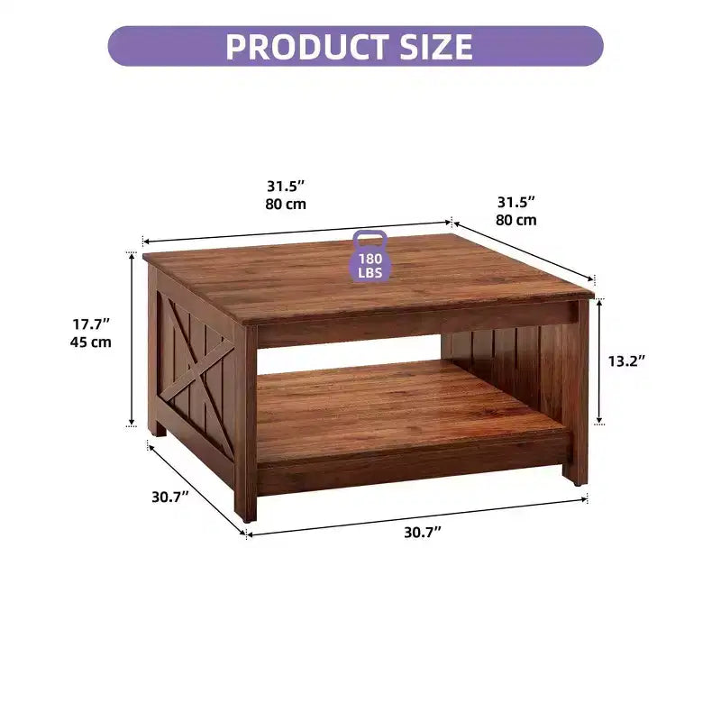 Farmhouse Square Coffee Table Cocktail Center Table with Bottom Shelf For Living Room Organizer Brown
