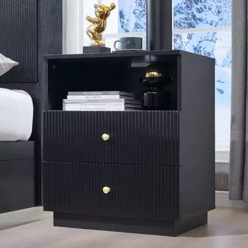 SinCiDo Nightstand w/Charging Station, 21.65 Modern Fluted Bedside Table w/2 Storage Drawers & Open Shelf, Wood End Table for Bedroom