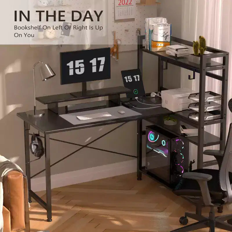 COMHOMA Office Desk 55" Computer Desk with Shelves L Shape Corner Desk with Monitor Stand Black