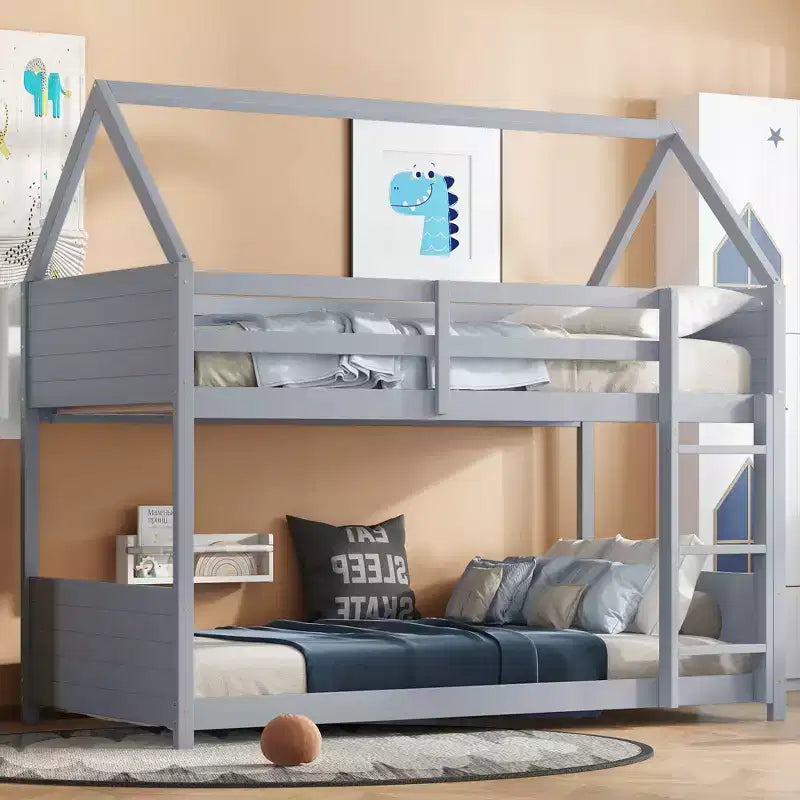 Bellemave Twin Over Twin House Bunk Bed, Low Floor Wood Bunk Bed with Roof Frame, Guardrails & Ladder, Rubber Wood Kids Bed Frame