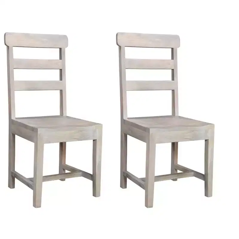 Set of Two White Wood Ladder Back Dining Side Chairs