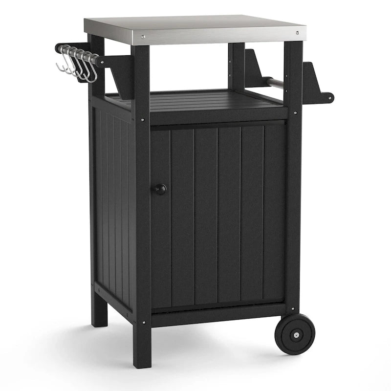Barbecue/Grill Side Table Trolley, Outdoor Prep Dining Table Serving Cart with 304 Stainless Steel Top-HDPE