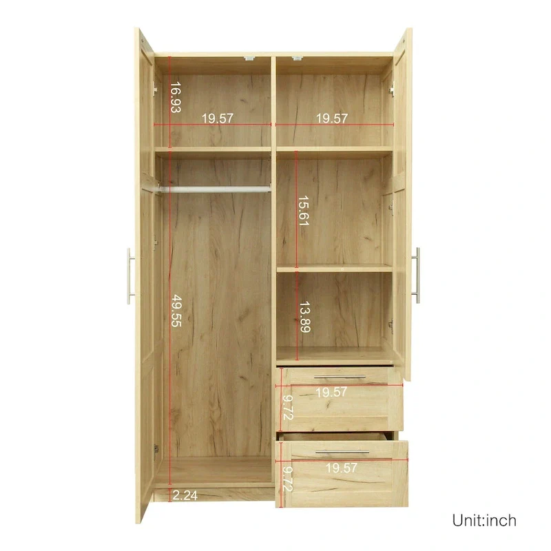 Armoire-penderie en bois blanc avec portes, tiroirs et tringle.