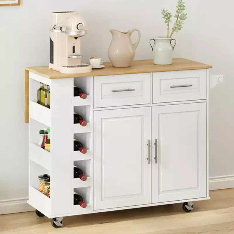 White Kitchen Island Cart with 2-Door Cabinet & 2 Drawers, Foldable Rubberwood Top, Spice Rack & Wine Rack
