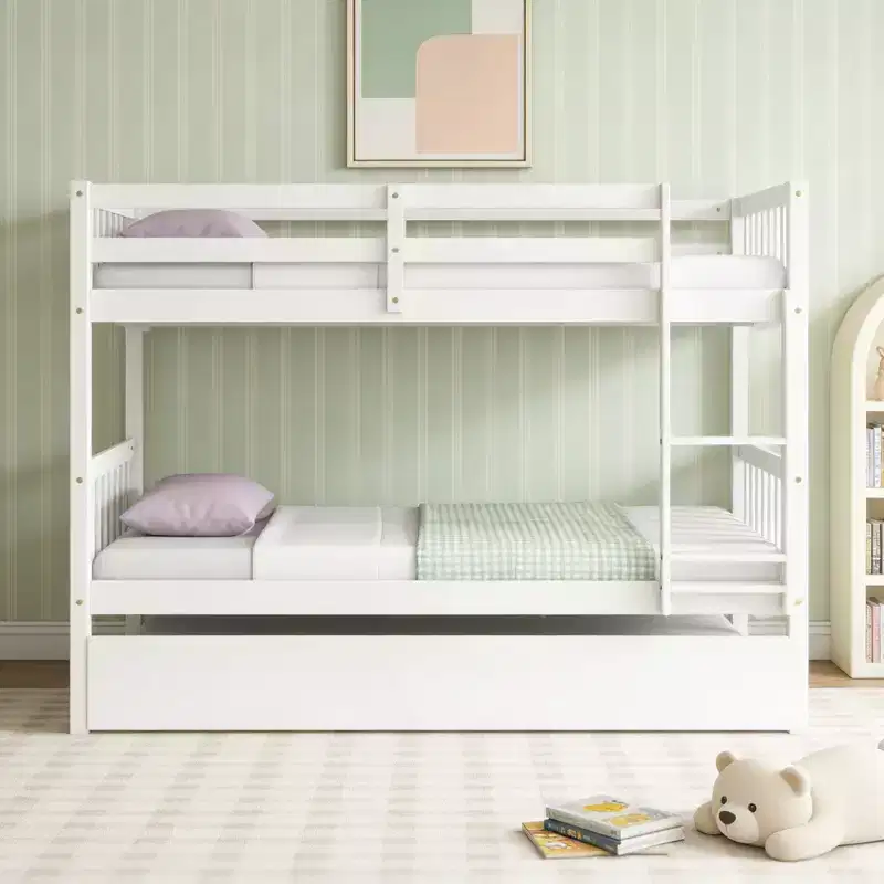 Twin Over Twin Modern Wood Bunk Bed with Trundle, Convertible into 2 Beds