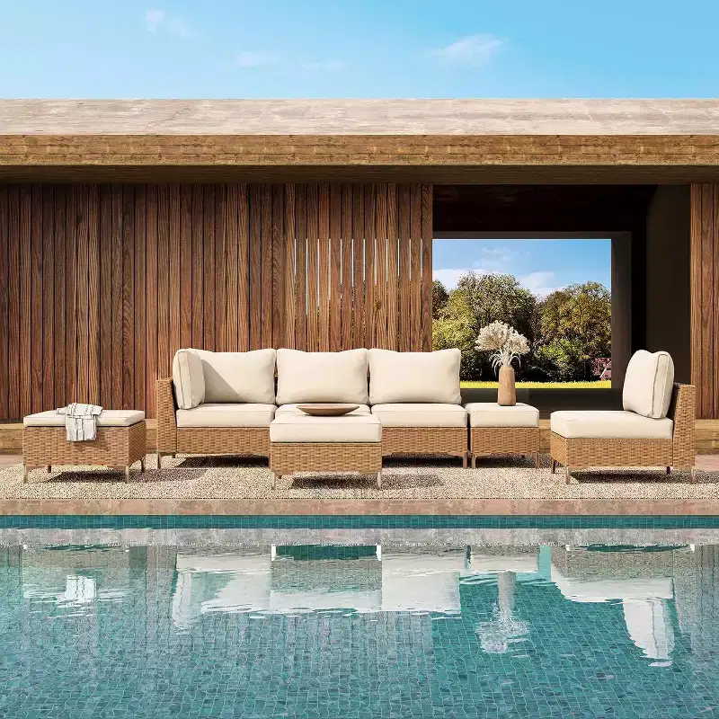 LAUSAINT HOME 7 Pieces Outdoor Patio Furniture Set, Sectional Conversation Sofa with Adjustable Backrests & Storage Ottoman, Beige