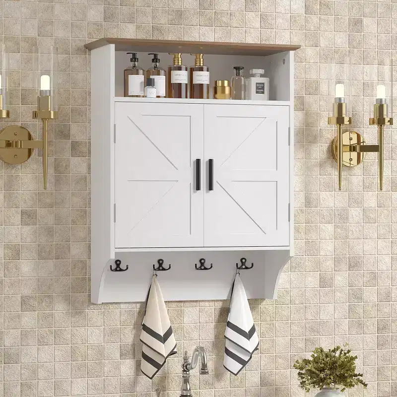 VECELO Wall-Mounted Bathroom Cabinet, Space-Saving Bathroom Storage Cabinet with Adjustable Shelves & Hooks for Bathroom or Entryway, White