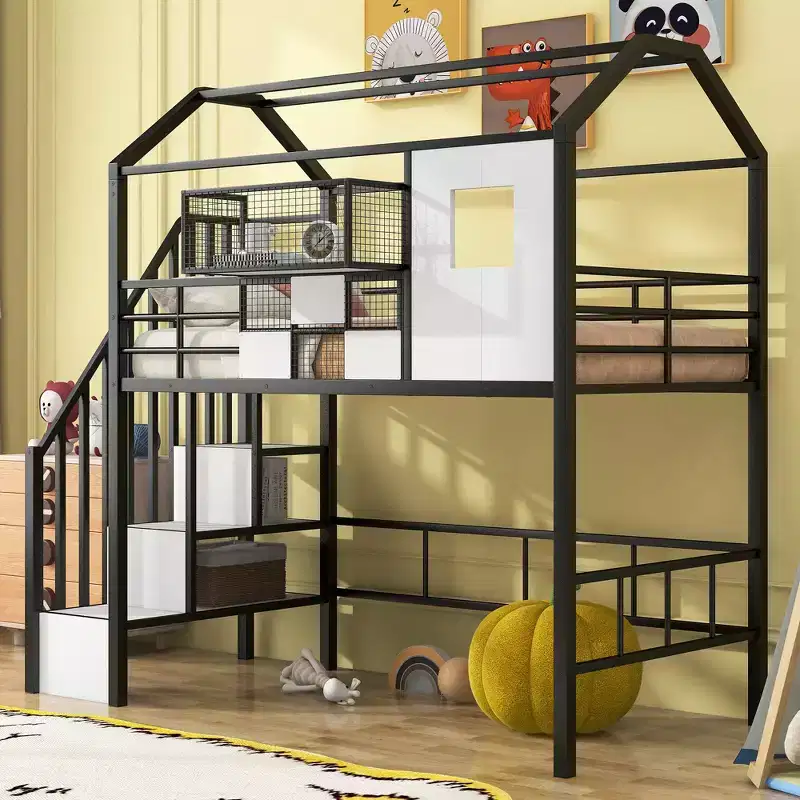 Whisen 93.7''L x 41.4''W House-style Design Metal Loft Bed with Staircase, Storage Rack and Window, with Roof Design