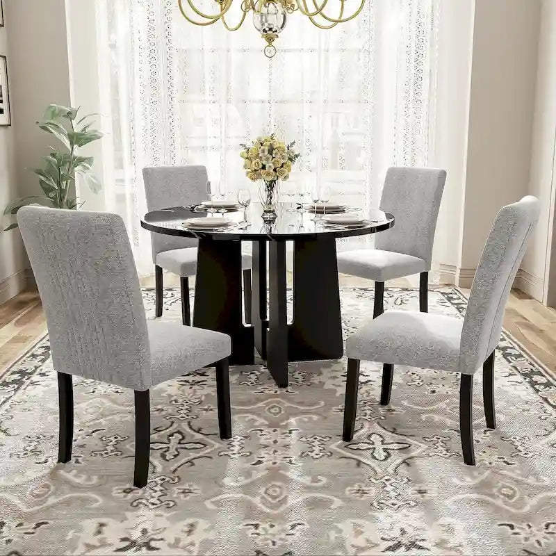 5 Pcs Round Dining Table Set, Solid Wood Kitchen Table Furniture Set with Dining Table and 4 Upholstered Chairs