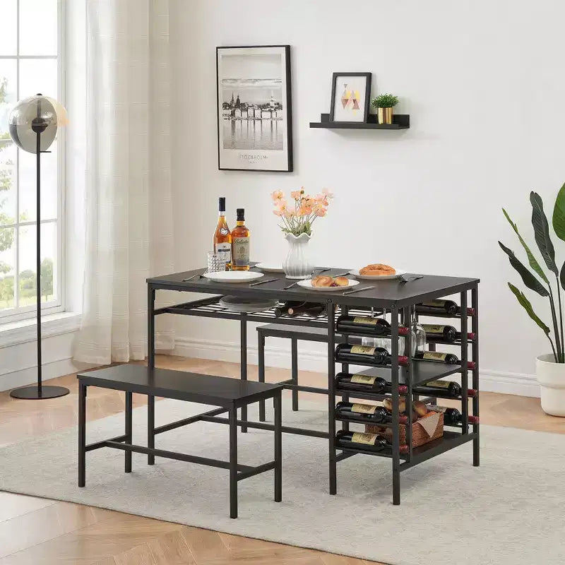 Fulvari Dining Table Set for 4, 47L Kitchen Table with 2 Benches, Kitchen Breakfast Table Set with Wine Rack & Storage Shelf for Kitchen