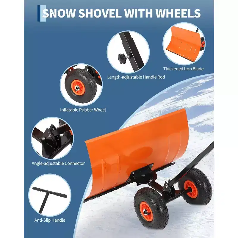 Snow Shovel with Wheels, Single Rod Steel Snow Pusher with 5-Position Angled Blade, Ergonomic & Back-Saving Design, Perfect for Driveway