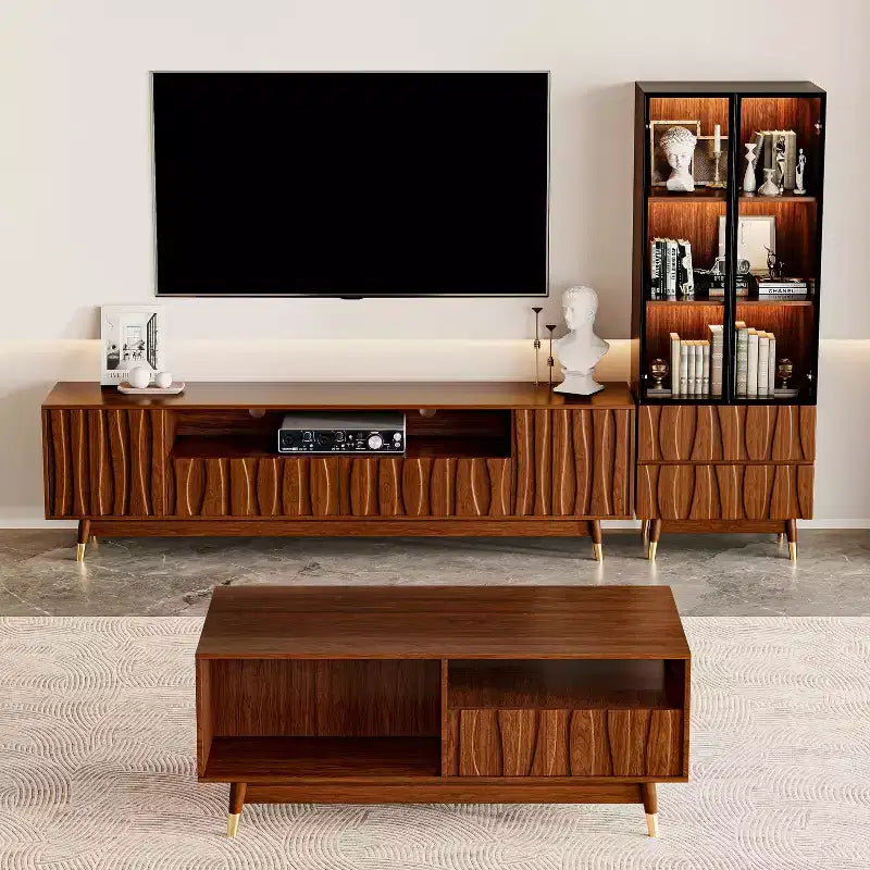 ATJafurn Mid-century Modern Living Room Set Entertainment Center up to 85 TV, Walnut