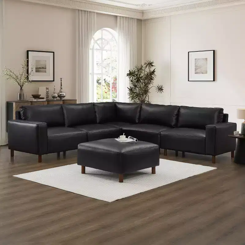 GDFStudio Darcy 104 Modern 5-Seat Faux Leather Upholstered Sectional Sofa with Ottoman