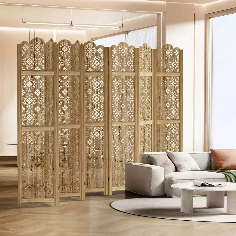 Carved Room Divider Folding Screen Room Divider with Copper Coin Pattern for Home Office Garden Terrace Paulownia Wood
