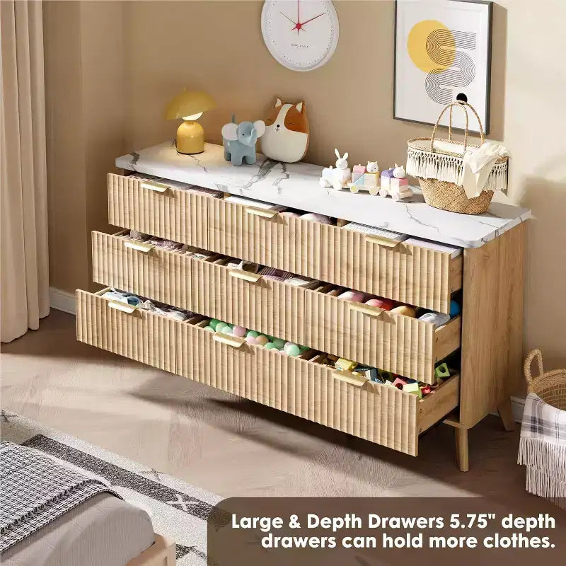Fluted 9-Drawer Dresser, 60.6 Wide Wood Chest of Drawers with Deep Storage, for Bedroom, Living Room, or Hallway Use