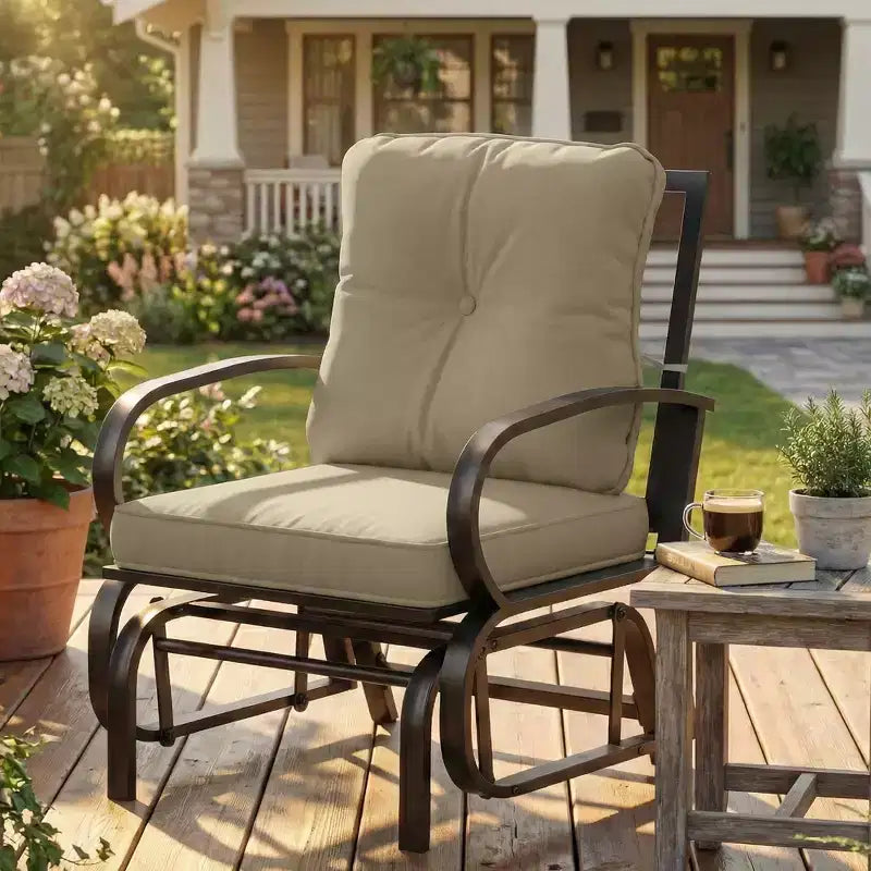 Outsunny Outdoor Glider Chair, Patio Glider with Cushions, Steel Frame, Curved Armrests, Beige