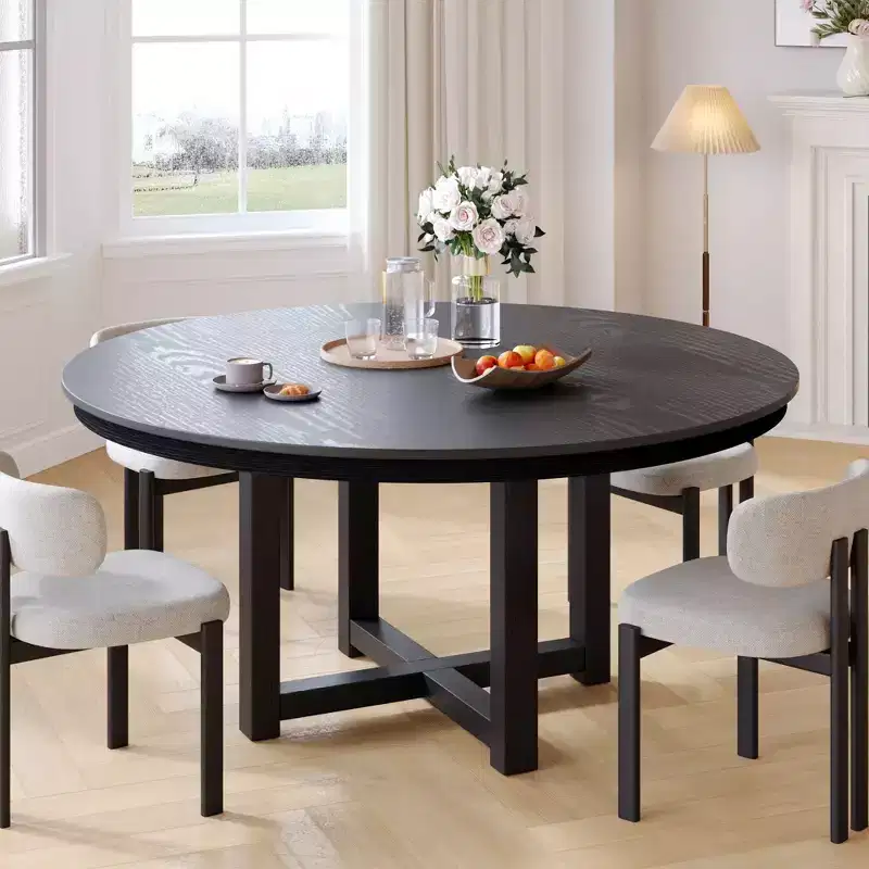 52 x 52 Solid Wood Farmhouse Dining Table Round Wood Texture Top with Cross X Base for Modern Dining Rooms & Family Gatherings Black