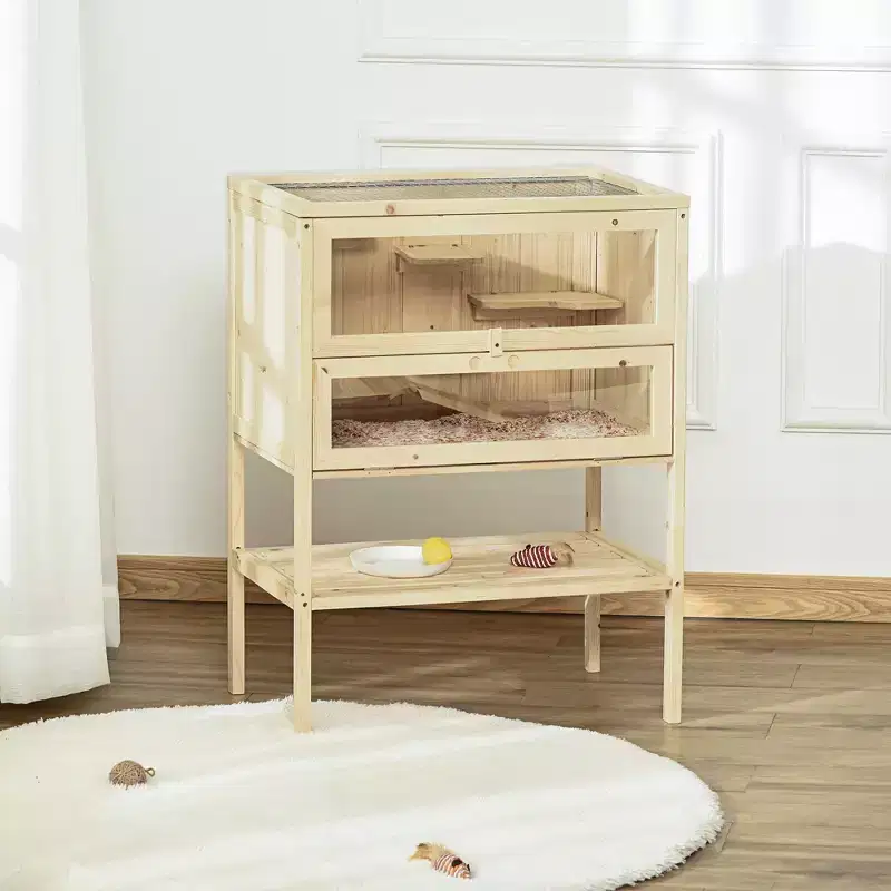 Skyzone Natural Fir Wood Small Animal Habitat: Elevated 3-Tier Cage with Hinged Top, Front Door,