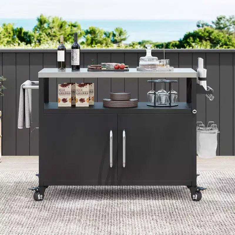 54.5 inch Outdoor Kitchen Island with Stainless Steel Tabletop, Outdoor Bar Cart with 4 Lockable Wheels for Outside BBQ