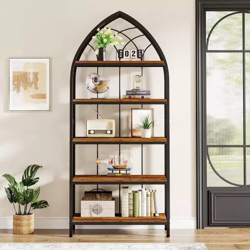 Lantine 5-Tier Bookshelf, 74.8 Tall Bookcase, Industrial Curved Freestanding Display Shelf Storage Shelf for Living Room, Home Office