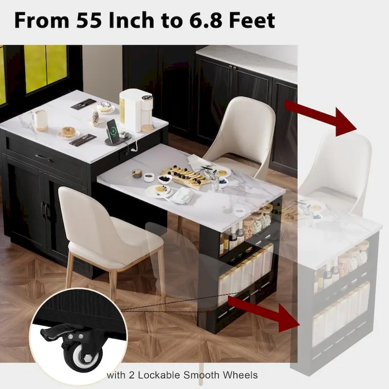 82.7 Wooden 4-6 Person Kitchen Island with Extendable Dining Table and Double-sized Storage
