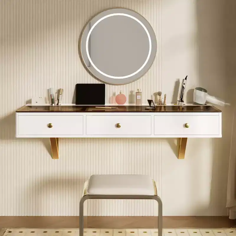 GO 47 Floating Shelf with Drawer, Multi-Purpose Wall-Mounted Vanity Table, Mounted Desk, Floating Table for Bedroom, Bathroom, White and Golden