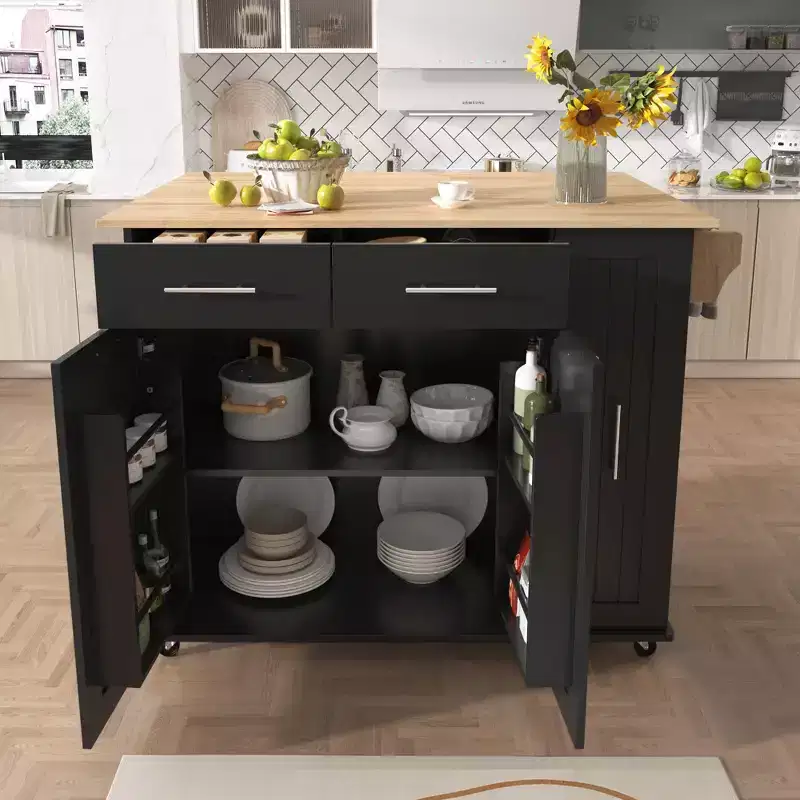 Kitchen Island with 3-Tier Pull-Out Cabinet Organizer, Drop Leaf & Storage Rack, Rolling Cart